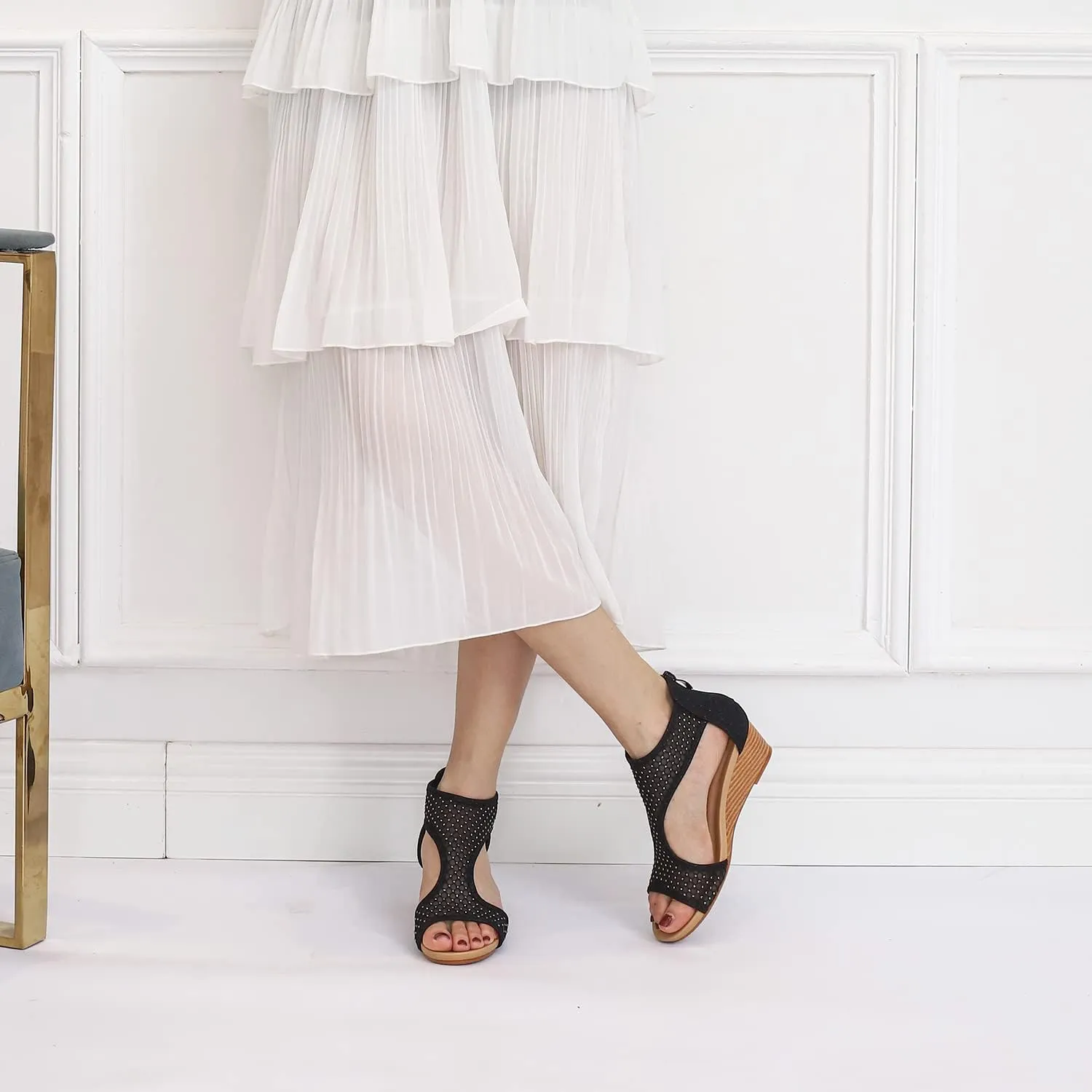 Women's Round Open Toe Wedge Sandals Zip Back Mid Heel Summer Dressy Sandals Shoes