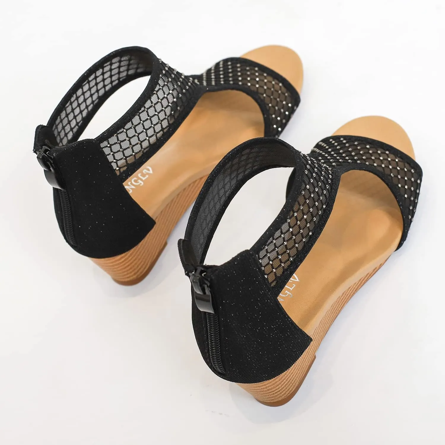 Women's Round Open Toe Wedge Sandals Zip Back Mid Heel Summer Dressy Sandals Shoes