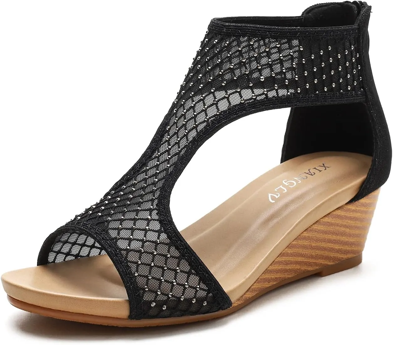 Women's Round Open Toe Wedge Sandals Zip Back Mid Heel Summer Dressy Sandals Shoes