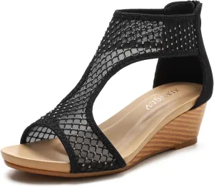 Women's Round Open Toe Wedge Sandals Zip Back Mid Heel Summer Dressy Sandals Shoes