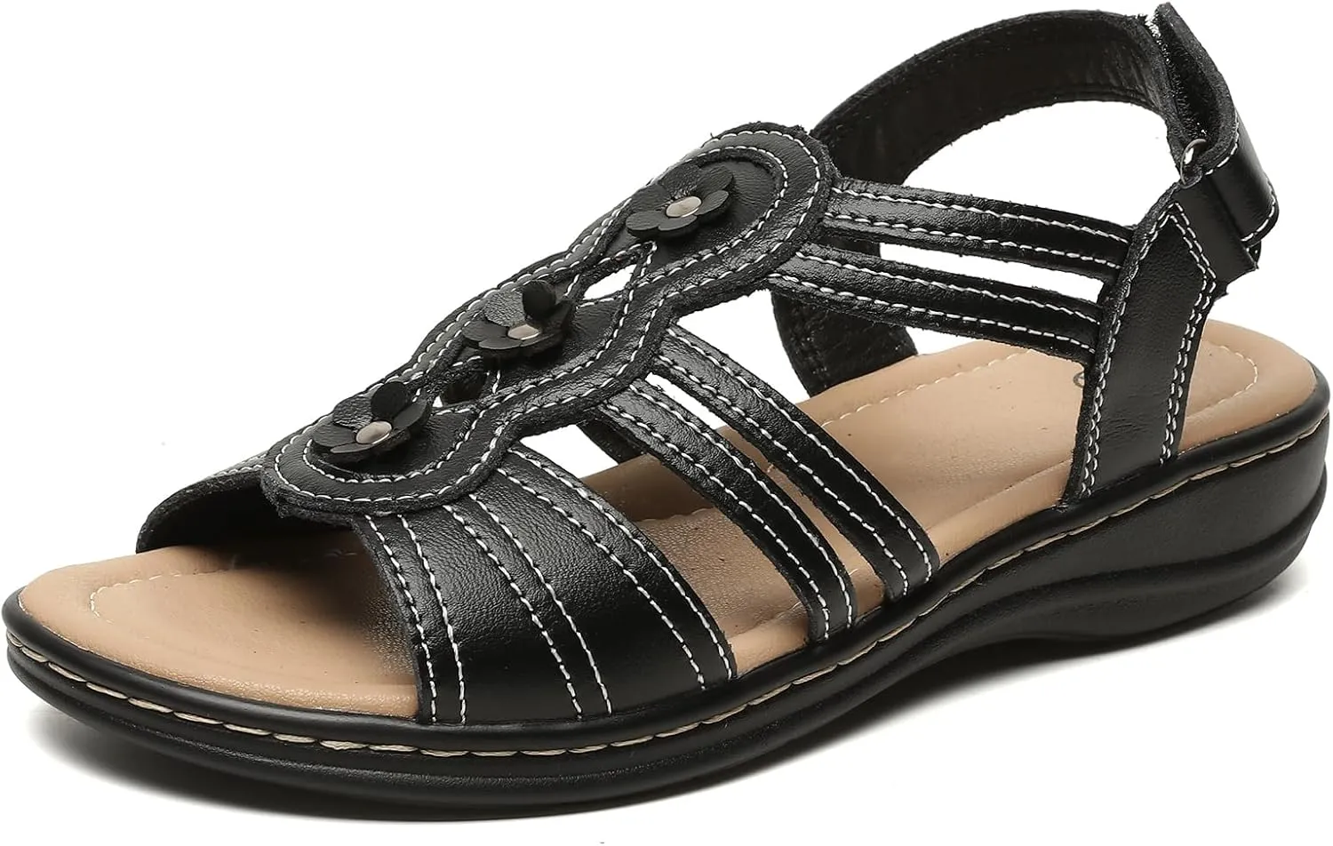 Womens Sandals Flats Comfort Leather Walking Orthopedic Sandals Casual Summer Shoes with Arch Support for Dressy Beach Hiking Vacation Camping Travel Pool Shopping Dating Water sports