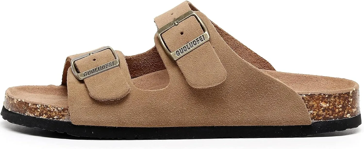 Womens Sandals with Adjustable Buckles Memory Foam, Comfort Cork Footbed Arch Support Leather Slide Sandals for Women
