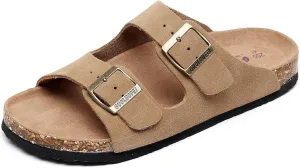 Womens Sandals with Adjustable Buckles Memory Foam, Comfort Cork Footbed Arch Support Leather Slide Sandals for Women