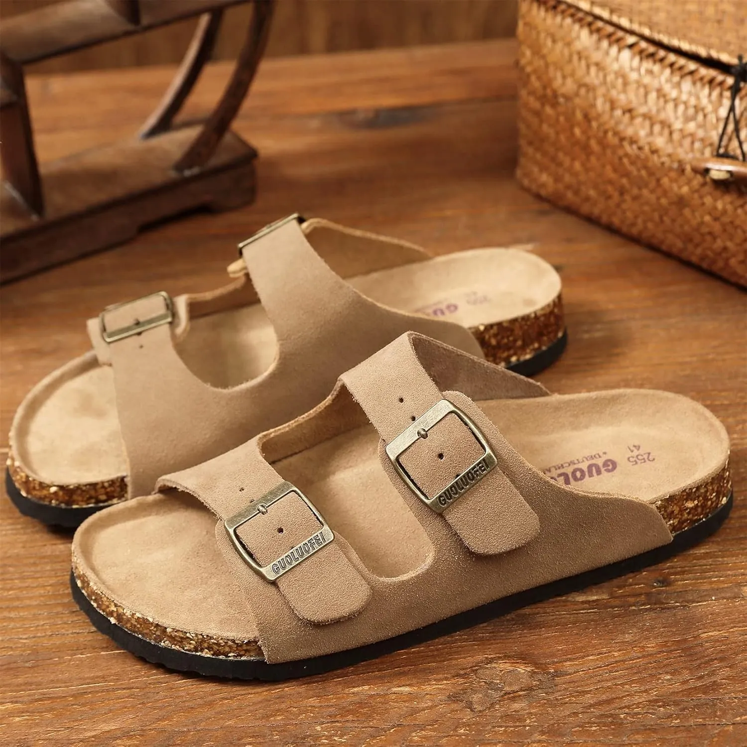 Womens Sandals with Adjustable Buckles Memory Foam, Comfort Cork Footbed Arch Support Leather Slide Sandals for Women