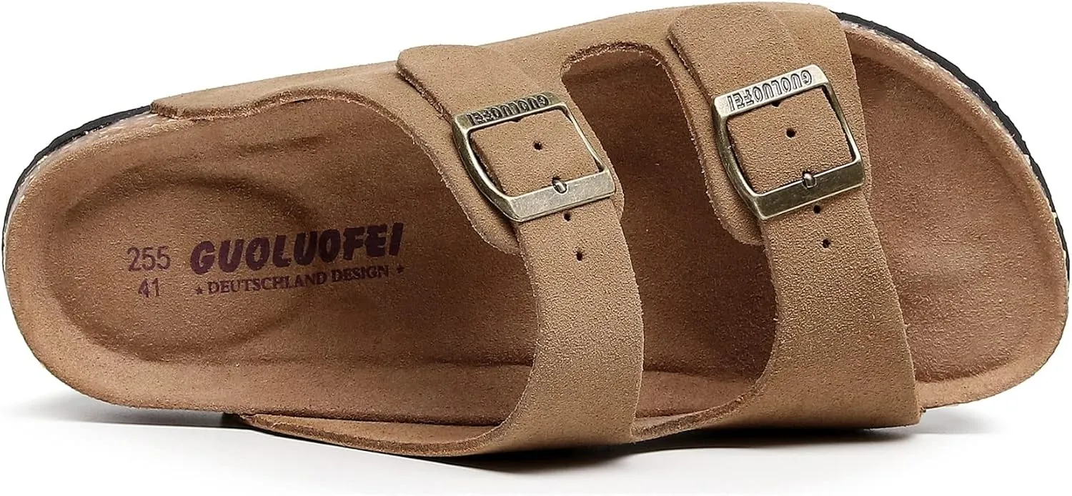 Womens Sandals with Adjustable Buckles Memory Foam, Comfort Cork Footbed Arch Support Leather Slide Sandals for Women