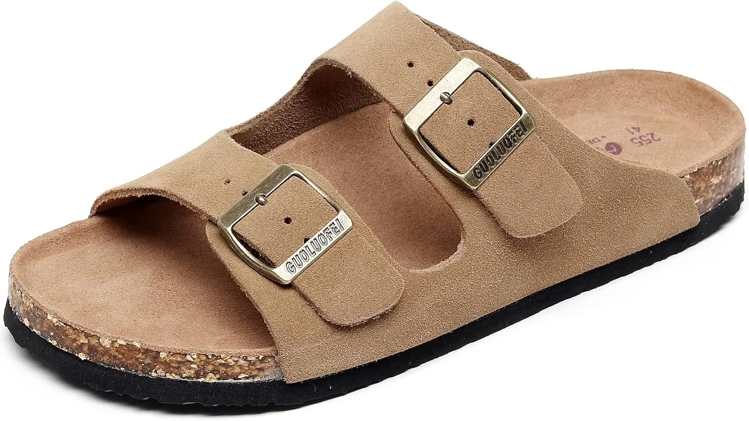 Womens Sandals with Adjustable Buckles Memory Foam, Comfort Cork Footbed Arch Support Leather Slide Sandals for Women