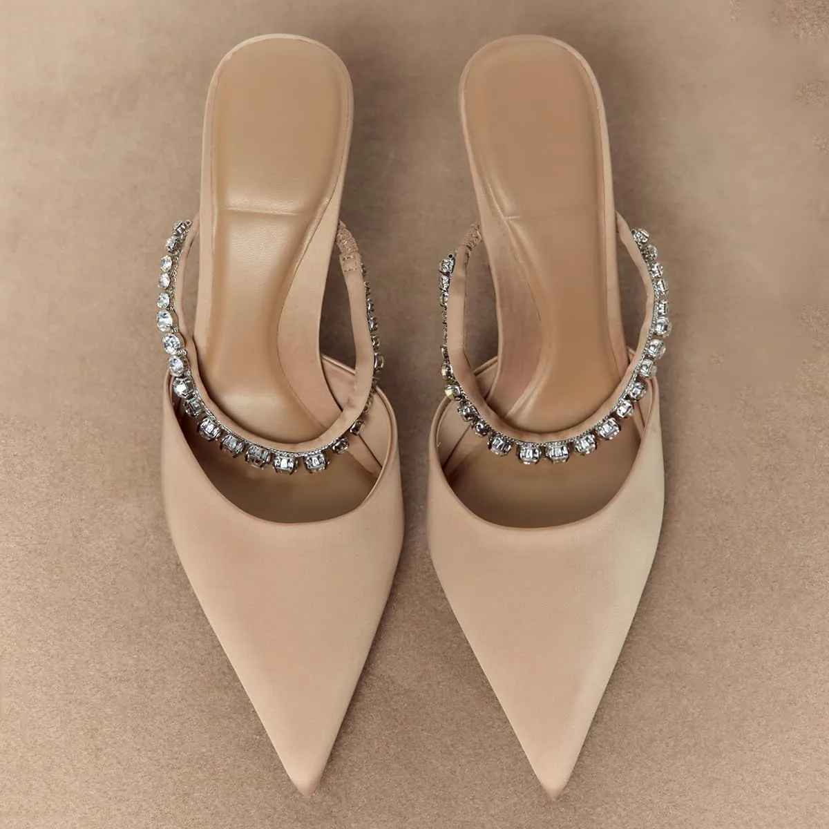 Women's Satin Stiletto Heel Mules Crystal Tipped Straps Pointed Toe Perfect for Party Wedding or Evening Dress Occasions Shoes for Women