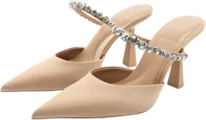 Women's Satin Stiletto Heel Mules Crystal Tipped Straps Pointed Toe Perfect for Party Wedding or Evening Dress Occasions Shoes for Women