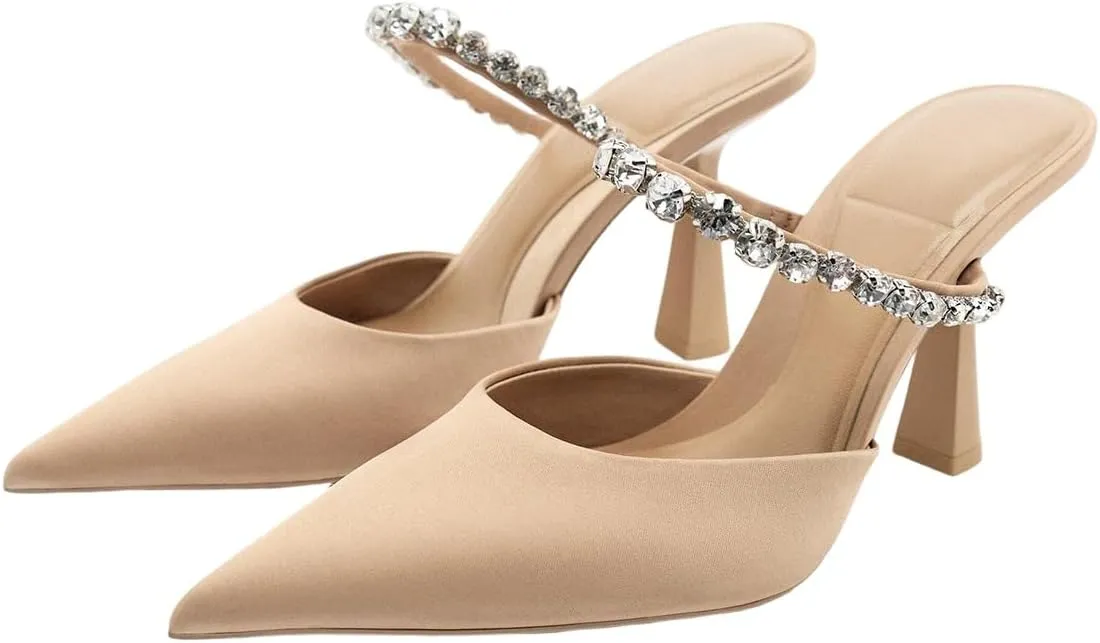 Women's Satin Stiletto Heel Mules Crystal Tipped Straps Pointed Toe Perfect for Party Wedding or Evening Dress Occasions Shoes for Women