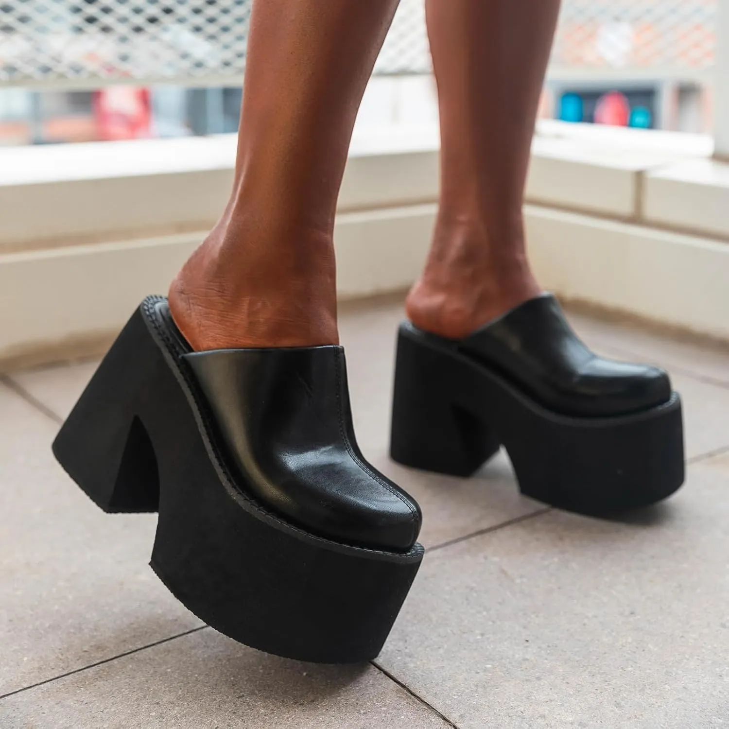 Women's Slip on Platform Mules, Closed Toe Slide Sandals, Chunky High Heel Slipper Mule Shoes