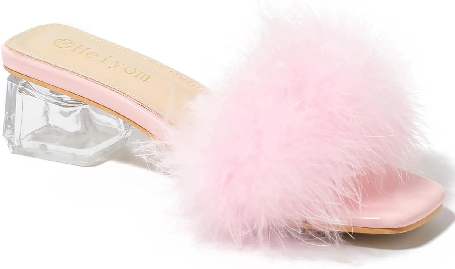 Women's Square Toe Heeled Sandals Low Block Chunky Heels Clear Mules Fluffy Feather Slip on Wedding Bridal Party Dress Shoes