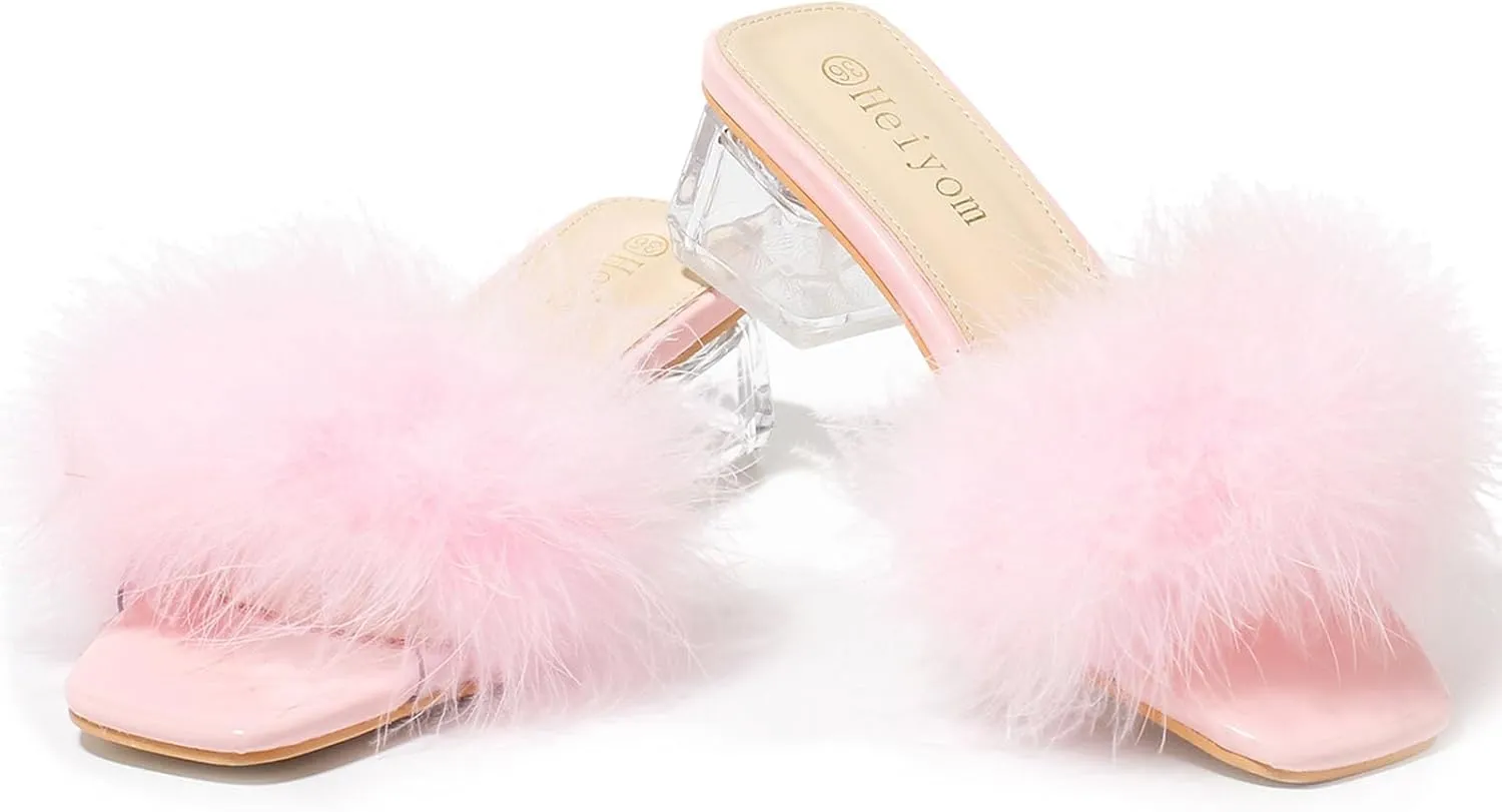 Women's Square Toe Heeled Sandals Low Block Chunky Heels Clear Mules Fluffy Feather Slip on Wedding Bridal Party Dress Shoes