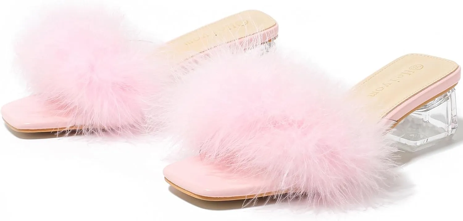 Women's Square Toe Heeled Sandals Low Block Chunky Heels Clear Mules Fluffy Feather Slip on Wedding Bridal Party Dress Shoes
