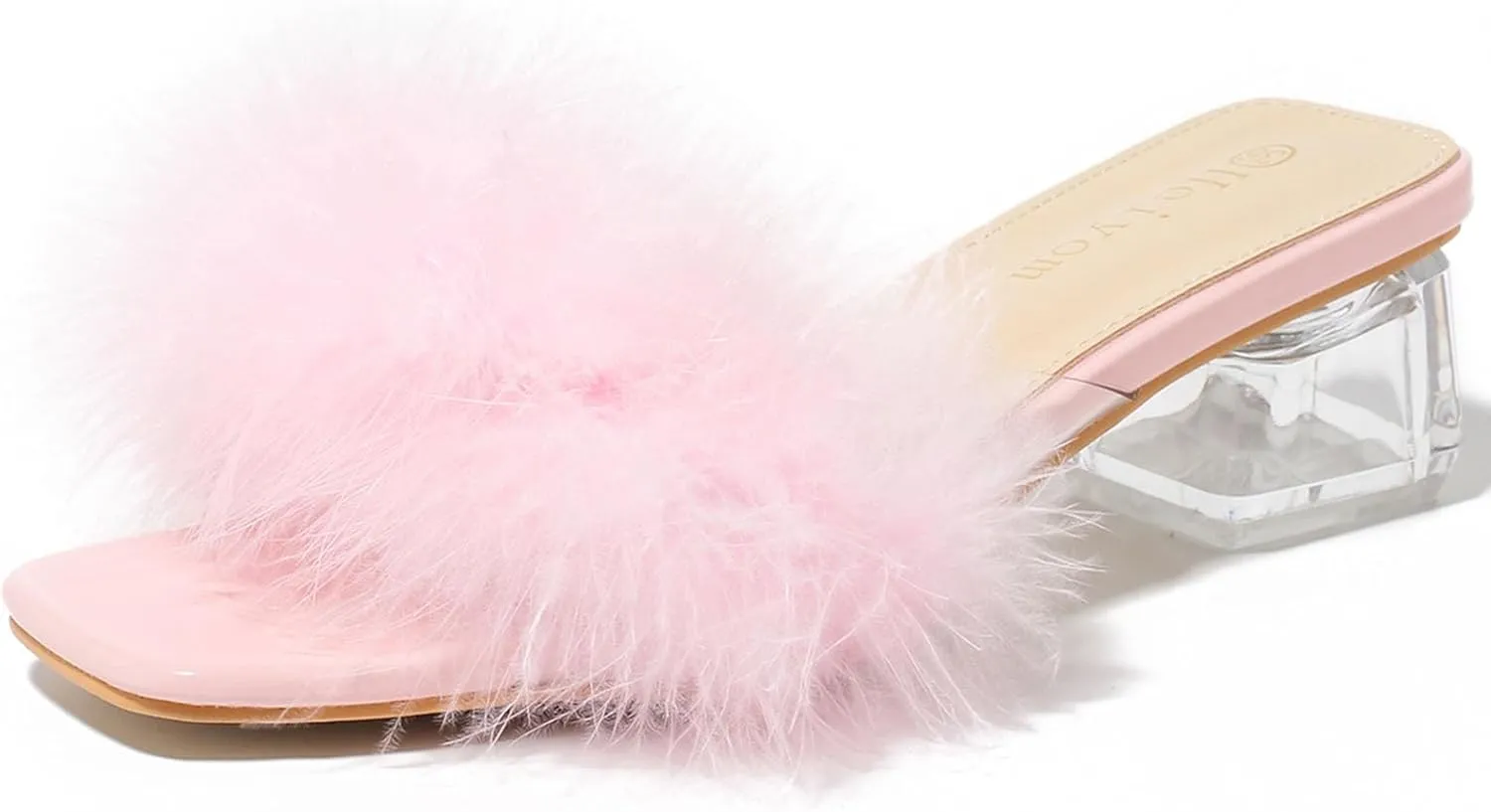 Women's Square Toe Heeled Sandals Low Block Chunky Heels Clear Mules Fluffy Feather Slip on Wedding Bridal Party Dress Shoes