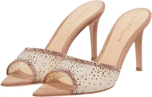Womens Stiletto Heel Rhinestone Mesh Mules Slip On Pointed Toe Crystal Slides Slippers