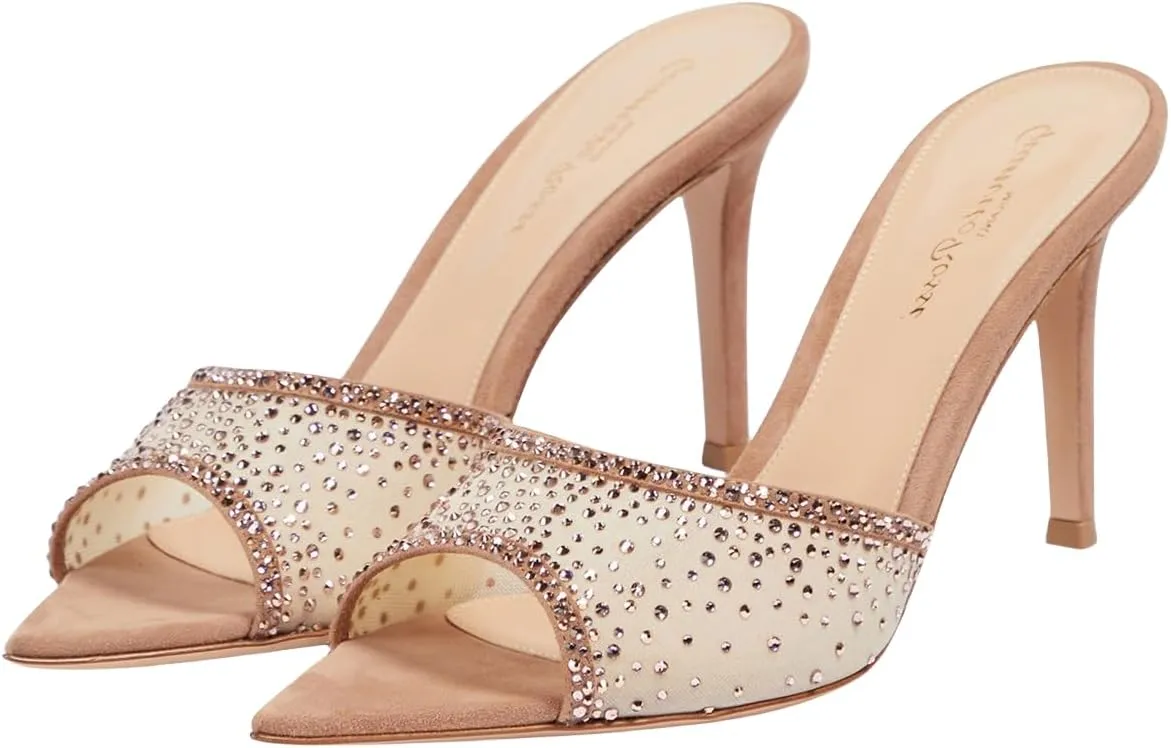 Womens Stiletto Heel Rhinestone Mesh Mules Slip On Pointed Toe Crystal Slides Slippers