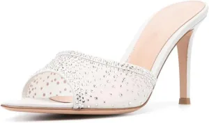 Womens Stiletto Heel Rhinestone Mesh Mules Slip On Pointed Toe Crystal Slides Slippers