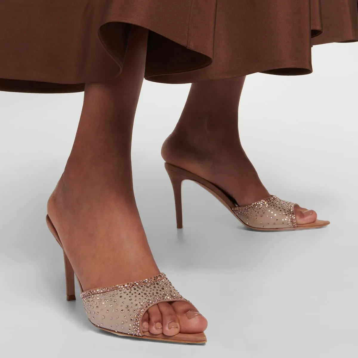 Womens Stiletto Heel Rhinestone Mesh Mules Slip On Pointed Toe Crystal Slides Slippers