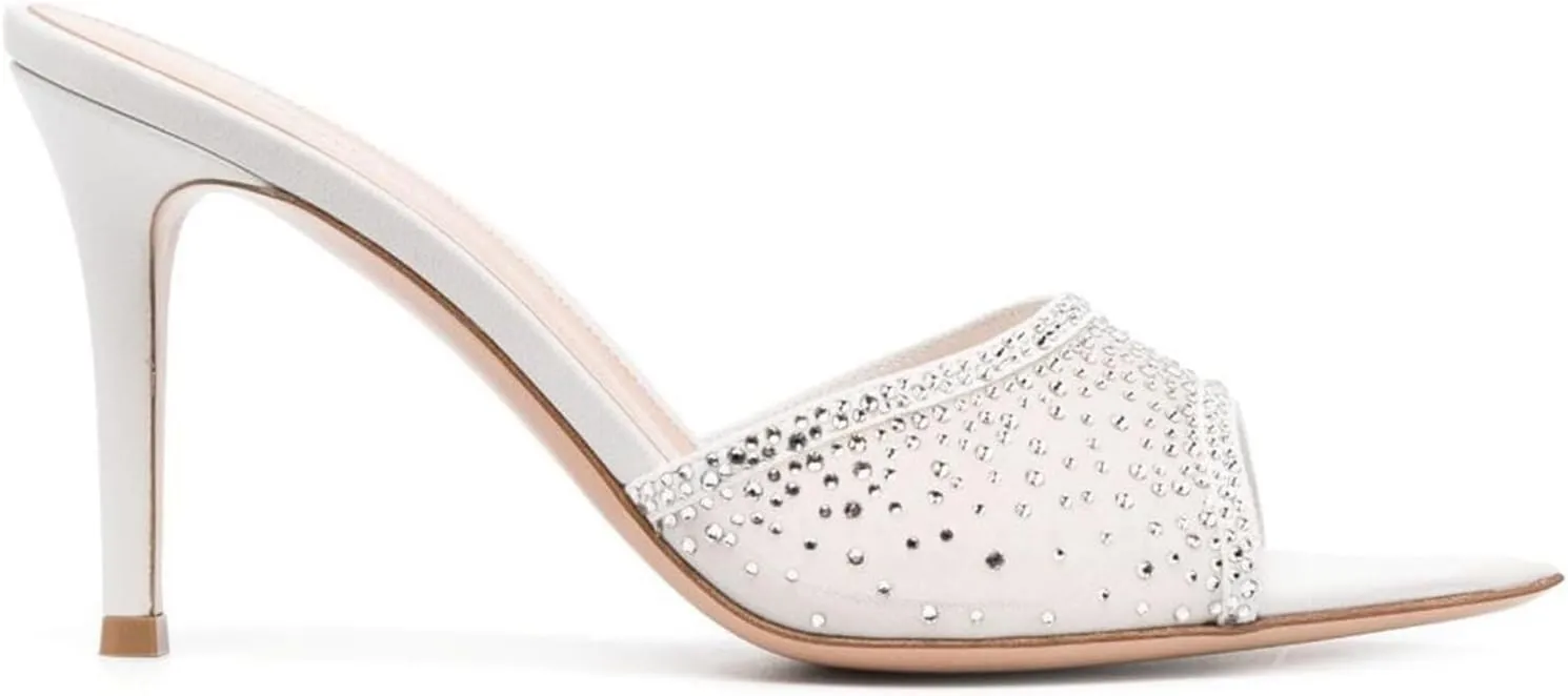 Womens Stiletto Heel Rhinestone Mesh Mules Slip On Pointed Toe Crystal Slides Slippers