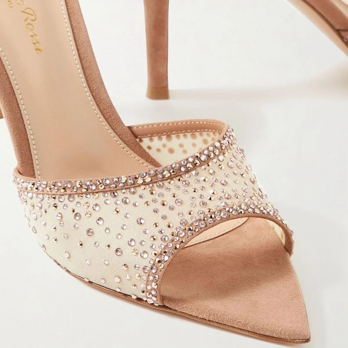 Womens Stiletto Heel Rhinestone Mesh Mules Slip On Pointed Toe Crystal Slides Slippers