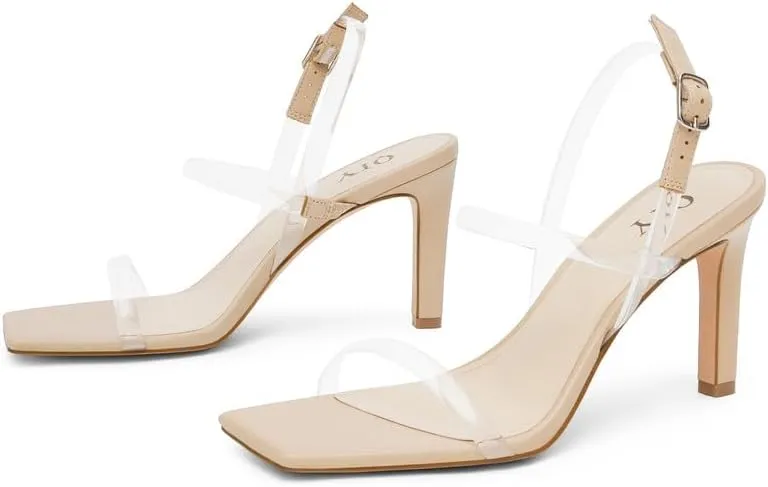 Womens Strappy Sandals Open Toe Ankle Strap Heeled Sandals Square Toe High Heels for Women