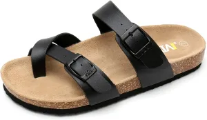 Women's Summer Sandals with Cork Footbed & Adjustable Buckle Suede Straps Open Toe Slides for Beach Vacation