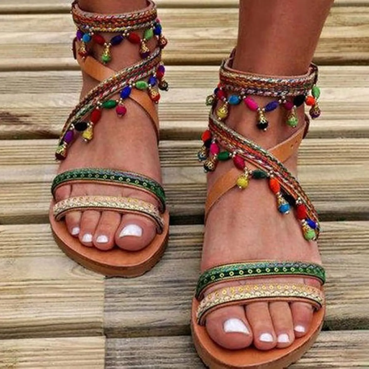 Women's Trendy Boho Beach Sandals with Criss Cross Ankle Strap Colorful Beads Flats Fashion Vacation Footwear Shoes