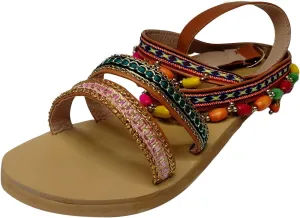 Women's Trendy Boho Beach Sandals with Criss Cross Ankle Strap Colorful Beads Flats Fashion Vacation Footwear Shoes
