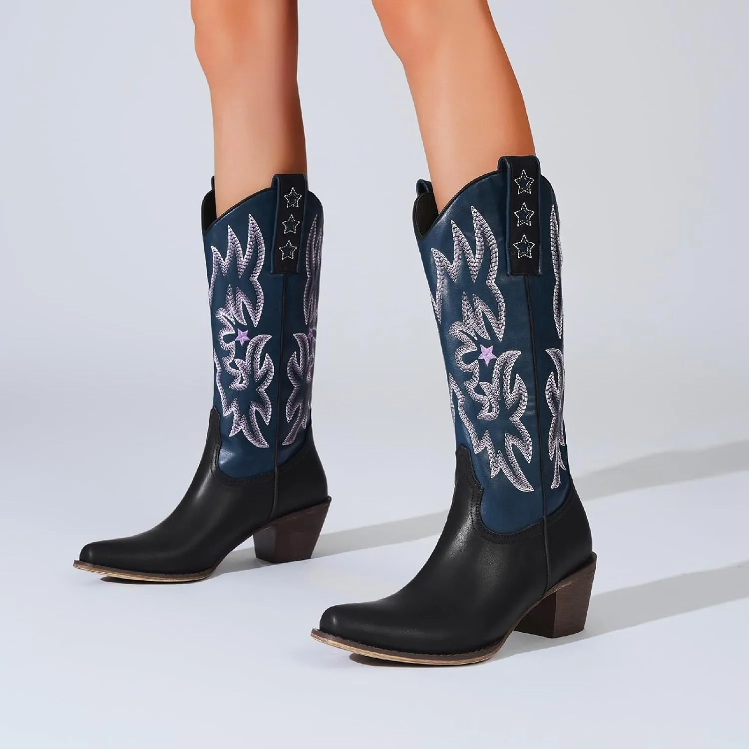 Women's Western Knee-high Boot Cowboy Boots for Women Cowgirl Mid Calf Boots Floral Embroidery Pointed Toe Chunky Heel 2.5" Ladies Western Boot