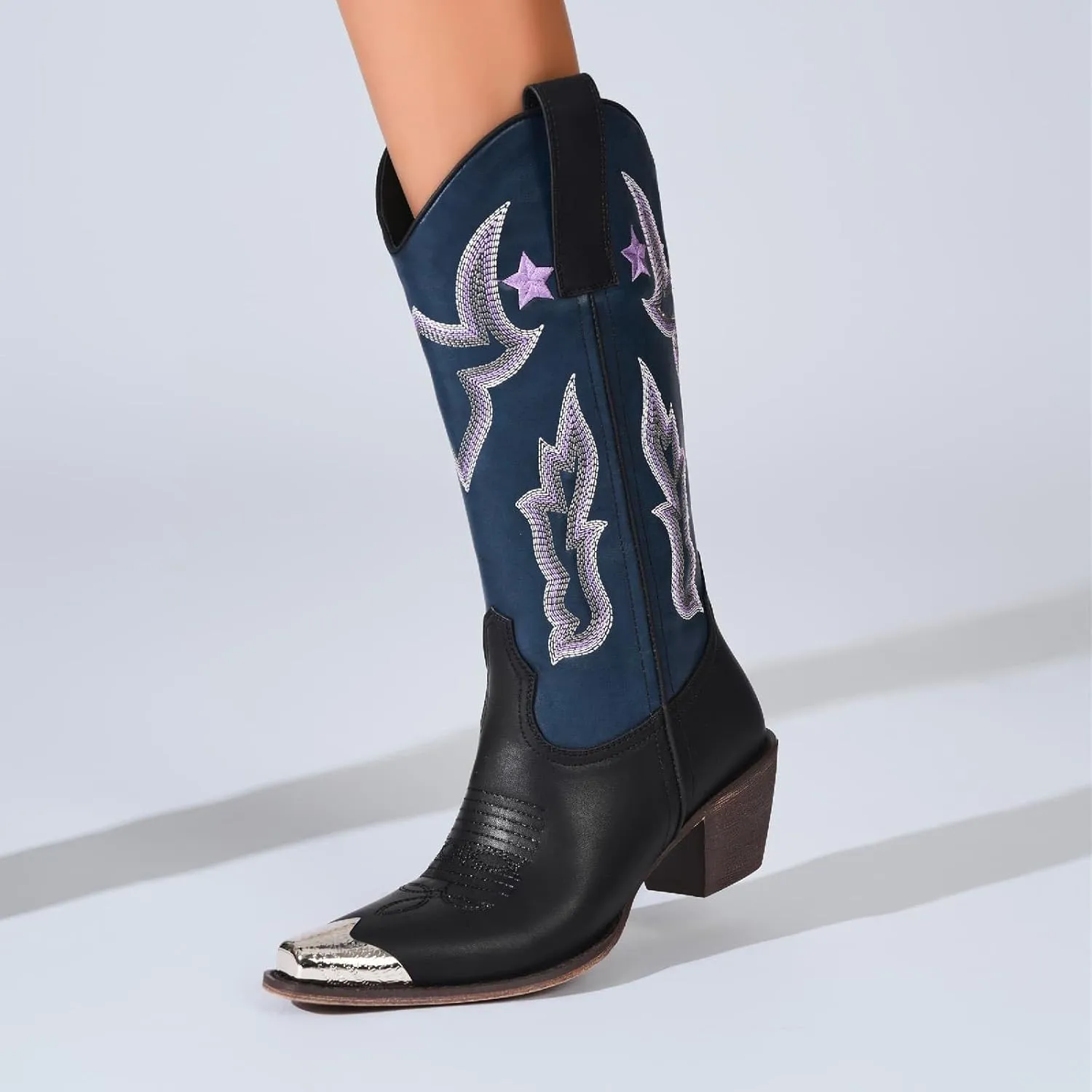 Women's Western Knee-high Boot Cowboy Boots for Women Cowgirl Mid Calf Boots Floral Embroidery Pointed Toe Chunky Heel 2.5" Ladies Western Boot