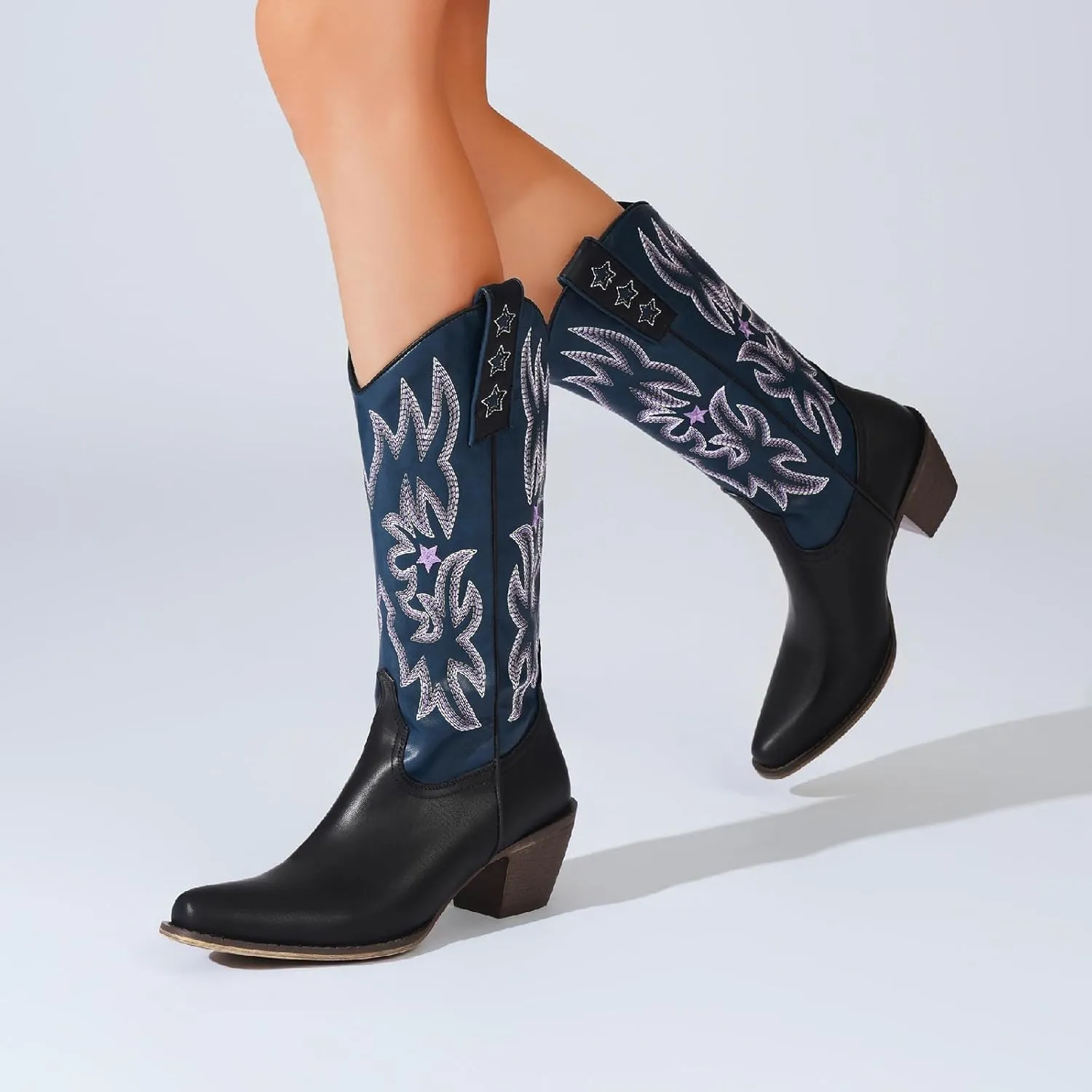 Women's Western Knee-high Boot Cowboy Boots for Women Cowgirl Mid Calf Boots Floral Embroidery Pointed Toe Chunky Heel 2.5" Ladies Western Boot