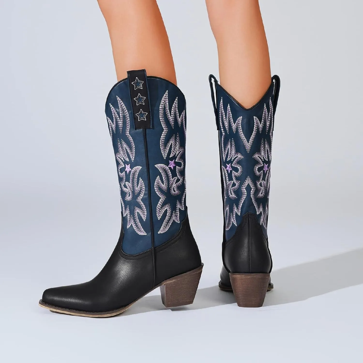 Women's Western Knee-high Boot Cowboy Boots for Women Cowgirl Mid Calf Boots Floral Embroidery Pointed Toe Chunky Heel 2.5" Ladies Western Boot