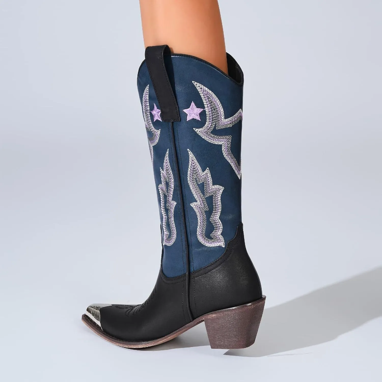 Women's Western Knee-high Boot Cowboy Boots for Women Cowgirl Mid Calf Boots Floral Embroidery Pointed Toe Chunky Heel 2.5" Ladies Western Boot