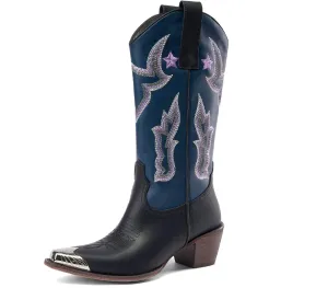 Women's Western Knee-high Boot Cowboy Boots for Women Cowgirl Mid Calf Boots Floral Embroidery Pointed Toe Chunky Heel 2.5" Ladies Western Boot