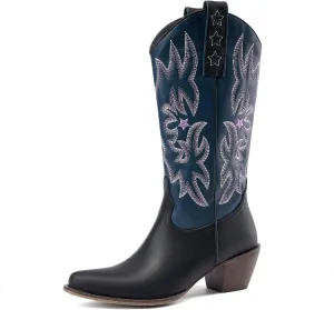 Women's Western Knee-high Boot Cowboy Boots for Women Cowgirl Mid Calf Boots Floral Embroidery Pointed Toe Chunky Heel 2.5" Ladies Western Boot