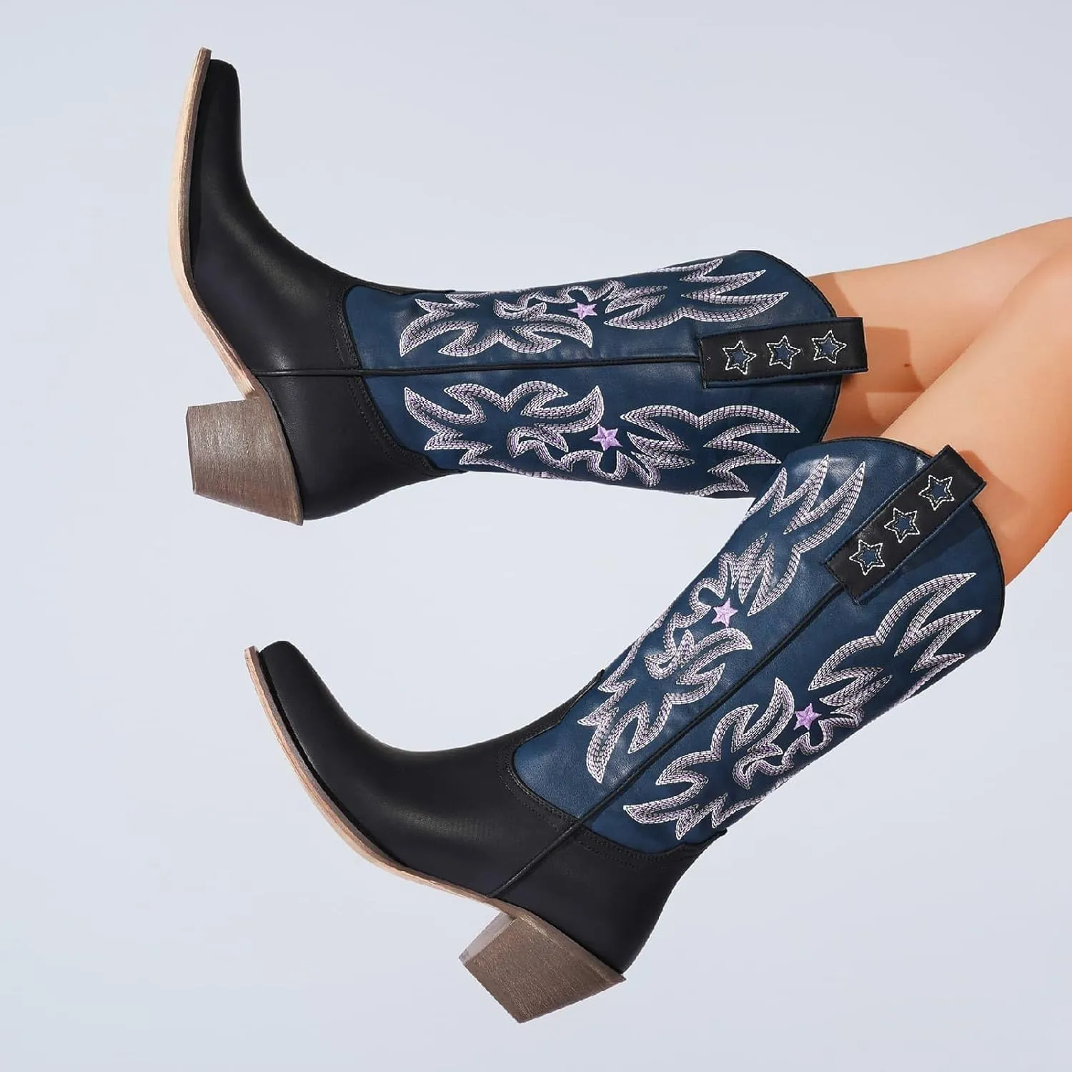Women's Western Knee-high Boot Cowboy Boots for Women Cowgirl Mid Calf Boots Floral Embroidery Pointed Toe Chunky Heel 2.5" Ladies Western Boot