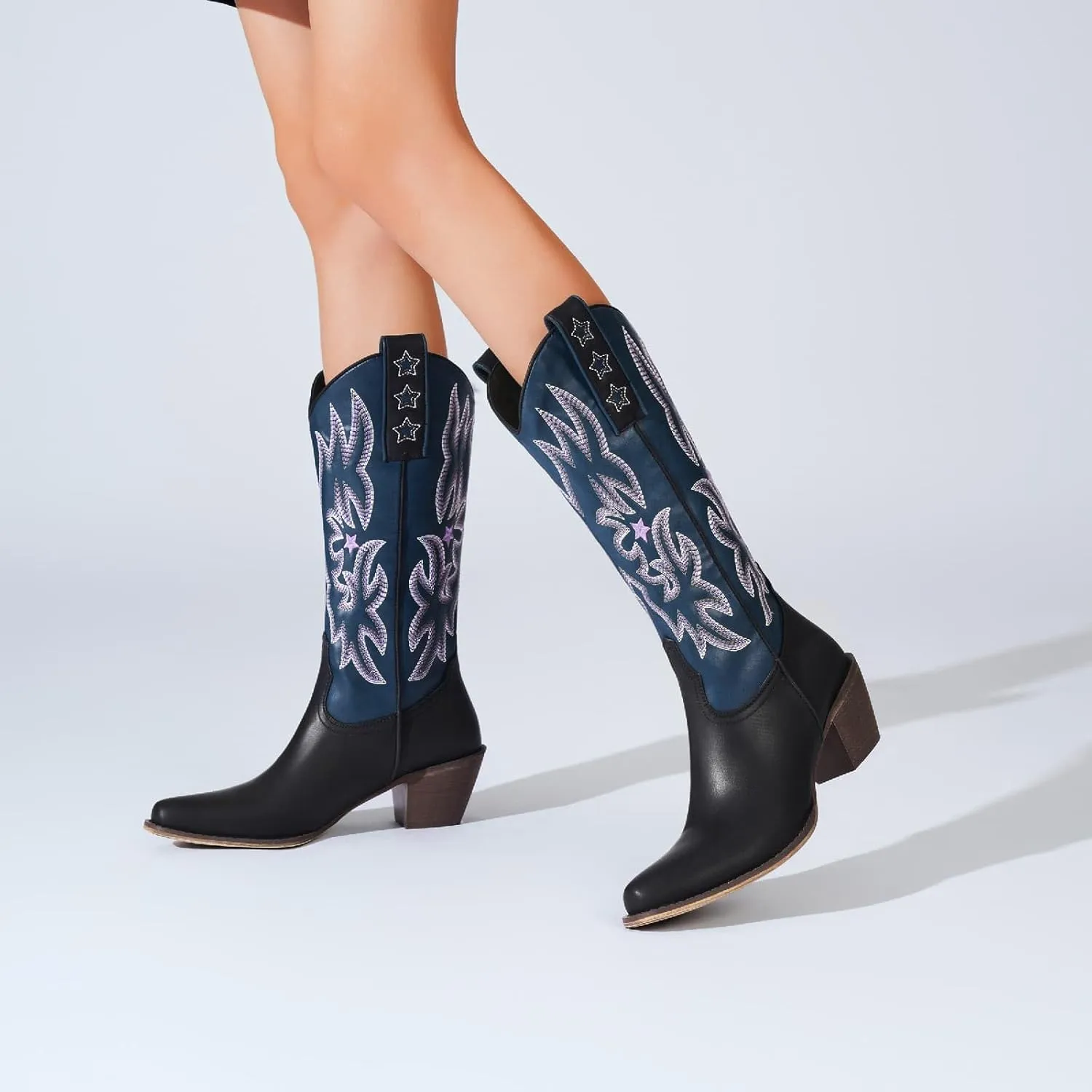 Women's Western Knee-high Boot Cowboy Boots for Women Cowgirl Mid Calf Boots Floral Embroidery Pointed Toe Chunky Heel 2.5" Ladies Western Boot