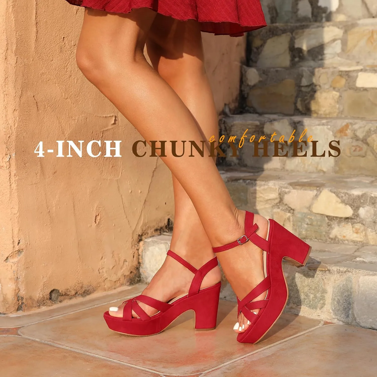 WSKEISP Women's Platform Heels Sandals Ankle Strap Block Chunky Heel Suede Peep Toe Fashion Dress Wedding High Heeled Wedges Pumps