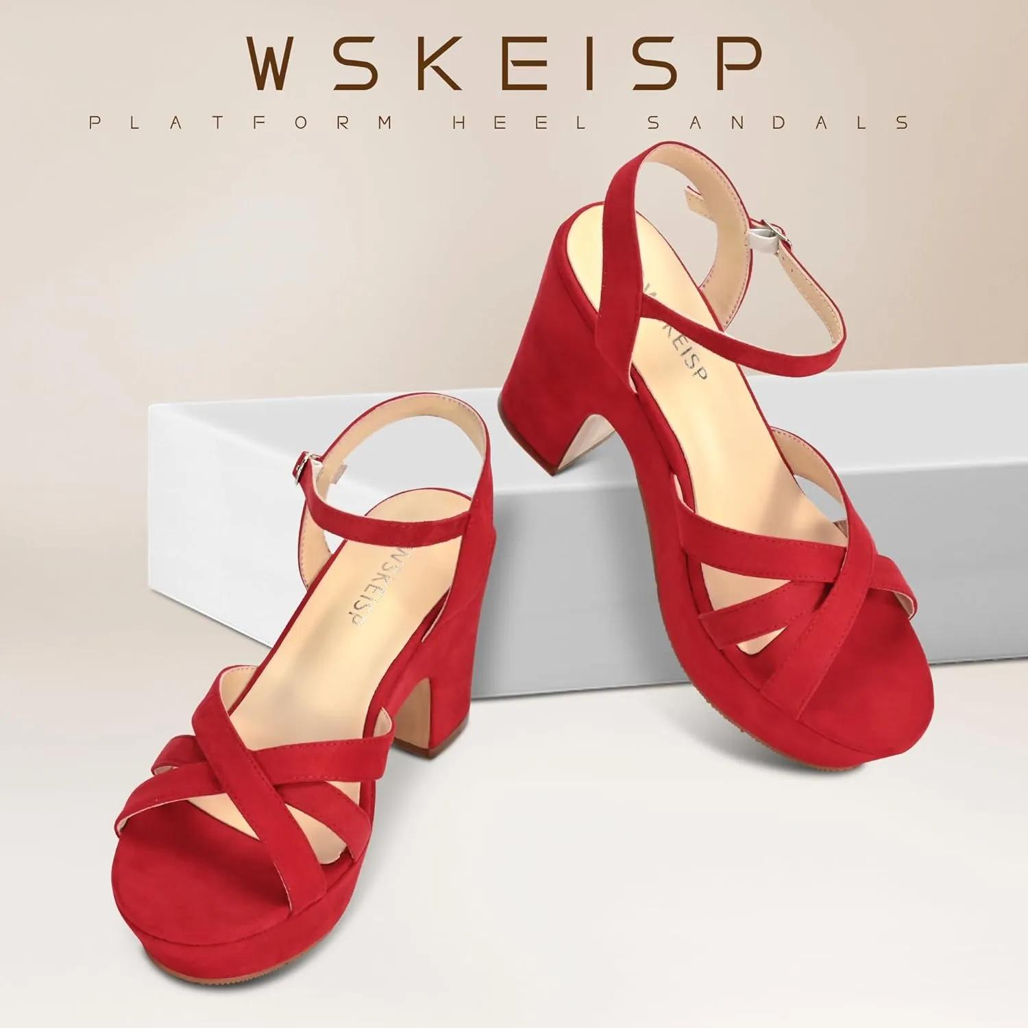 WSKEISP Women's Platform Heels Sandals Ankle Strap Block Chunky Heel Suede Peep Toe Fashion Dress Wedding High Heeled Wedges Pumps