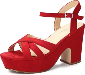 WSKEISP Women's Platform Heels Sandals Ankle Strap Block Chunky Heel Suede Peep Toe Fashion Dress Wedding High Heeled Wedges Pumps