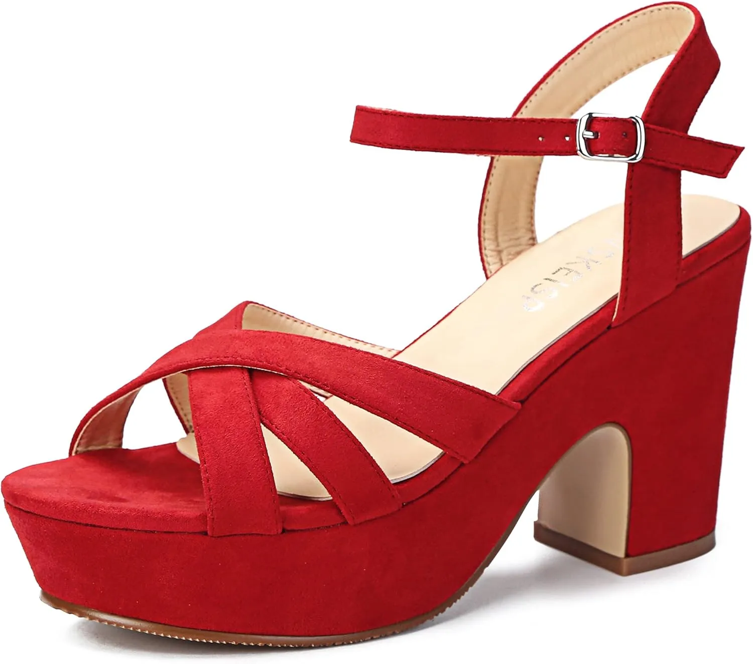 WSKEISP Women's Platform Heels Sandals Ankle Strap Block Chunky Heel Suede Peep Toe Fashion Dress Wedding High Heeled Wedges Pumps