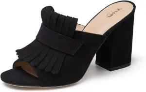 XYD Open Toe Heeled Mules with Fringe Slip On High Chunky Heels Summer Slides Sandals Holiday Casual Dress Shoes for Women