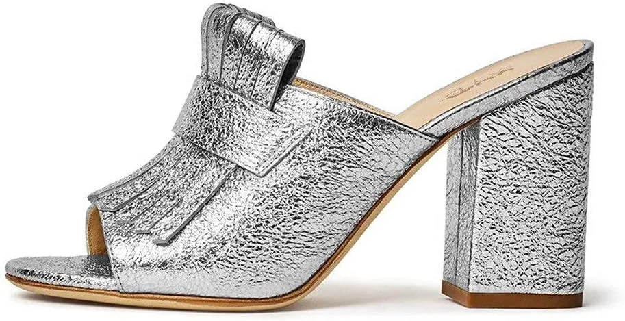 XYD Open Toe Heeled Mules with Fringe Slip On High Chunky Heels Summer Slides Sandals Holiday Casual Dress Shoes for Women