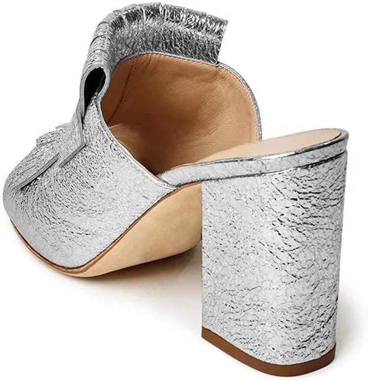 XYD Open Toe Heeled Mules with Fringe Slip On High Chunky Heels Summer Slides Sandals Holiday Casual Dress Shoes for Women