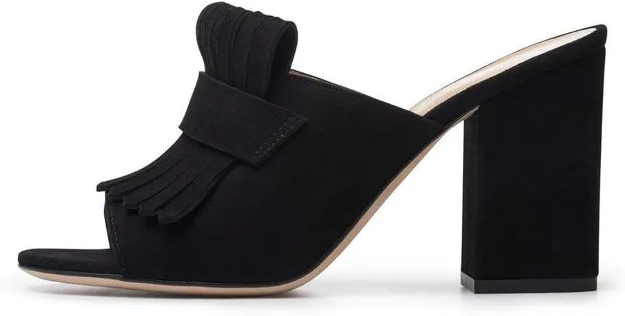 XYD Open Toe Heeled Mules with Fringe Slip On High Chunky Heels Summer Slides Sandals Holiday Casual Dress Shoes for Women