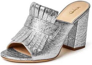 XYD Open Toe Heeled Mules with Fringe Slip On High Chunky Heels Summer Slides Sandals Holiday Casual Dress Shoes for Women