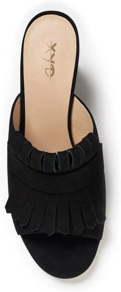 XYD Open Toe Heeled Mules with Fringe Slip On High Chunky Heels Summer Slides Sandals Holiday Casual Dress Shoes for Women