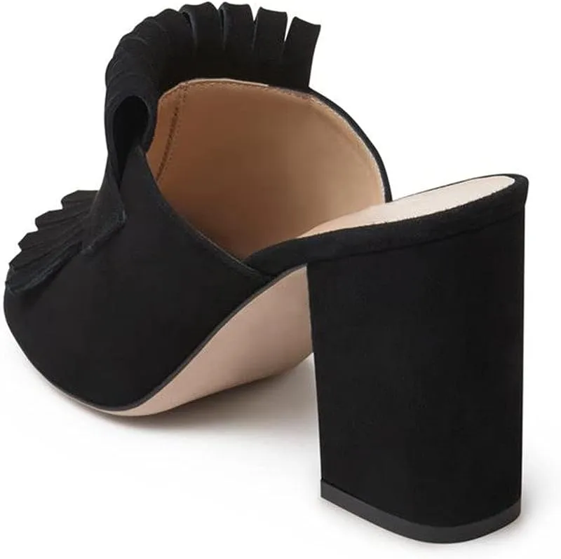 XYD Open Toe Heeled Mules with Fringe Slip On High Chunky Heels Summer Slides Sandals Holiday Casual Dress Shoes for Women