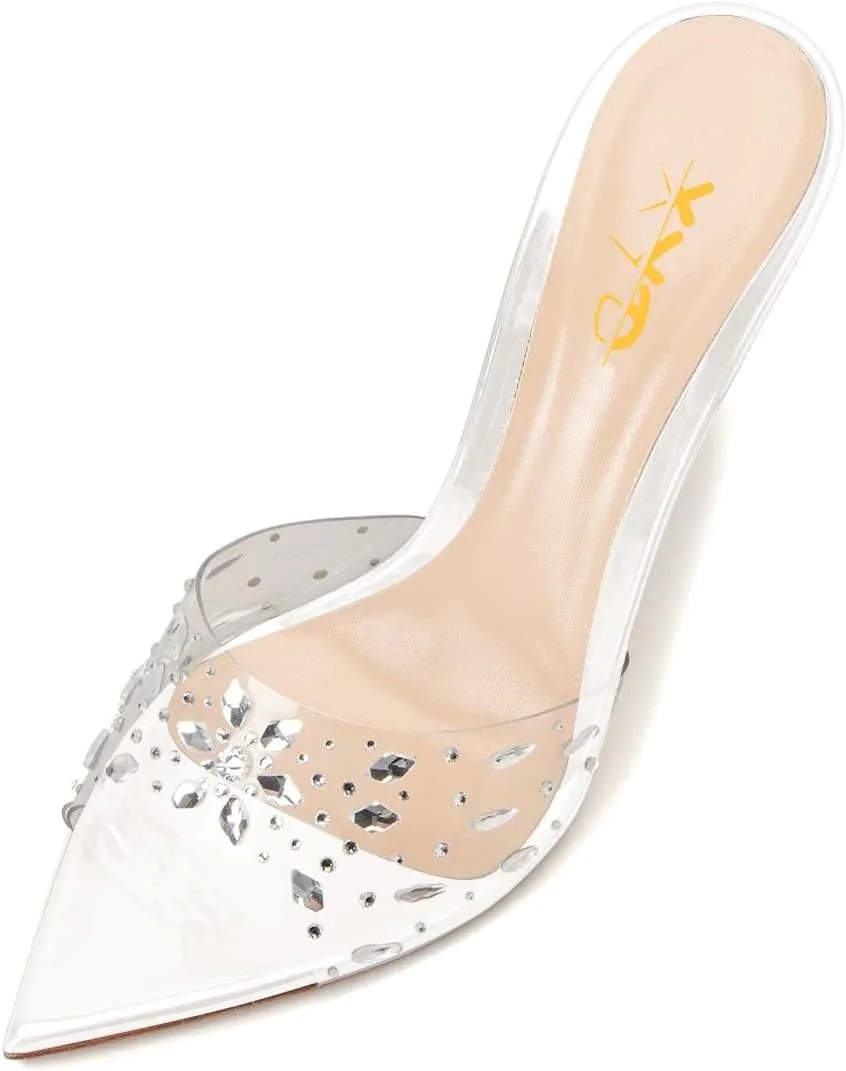 XYD Women Elegant Peep Pointed Toe Sandals High Stiletto Crystal Heel Mules Slip On PVC Rhinestones Party Office Work Summer Daily Shoes