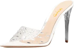 XYD Women Elegant Peep Pointed Toe Sandals High Stiletto Crystal Heel Mules Slip On PVC Rhinestones Party Office Work Summer Daily Shoes